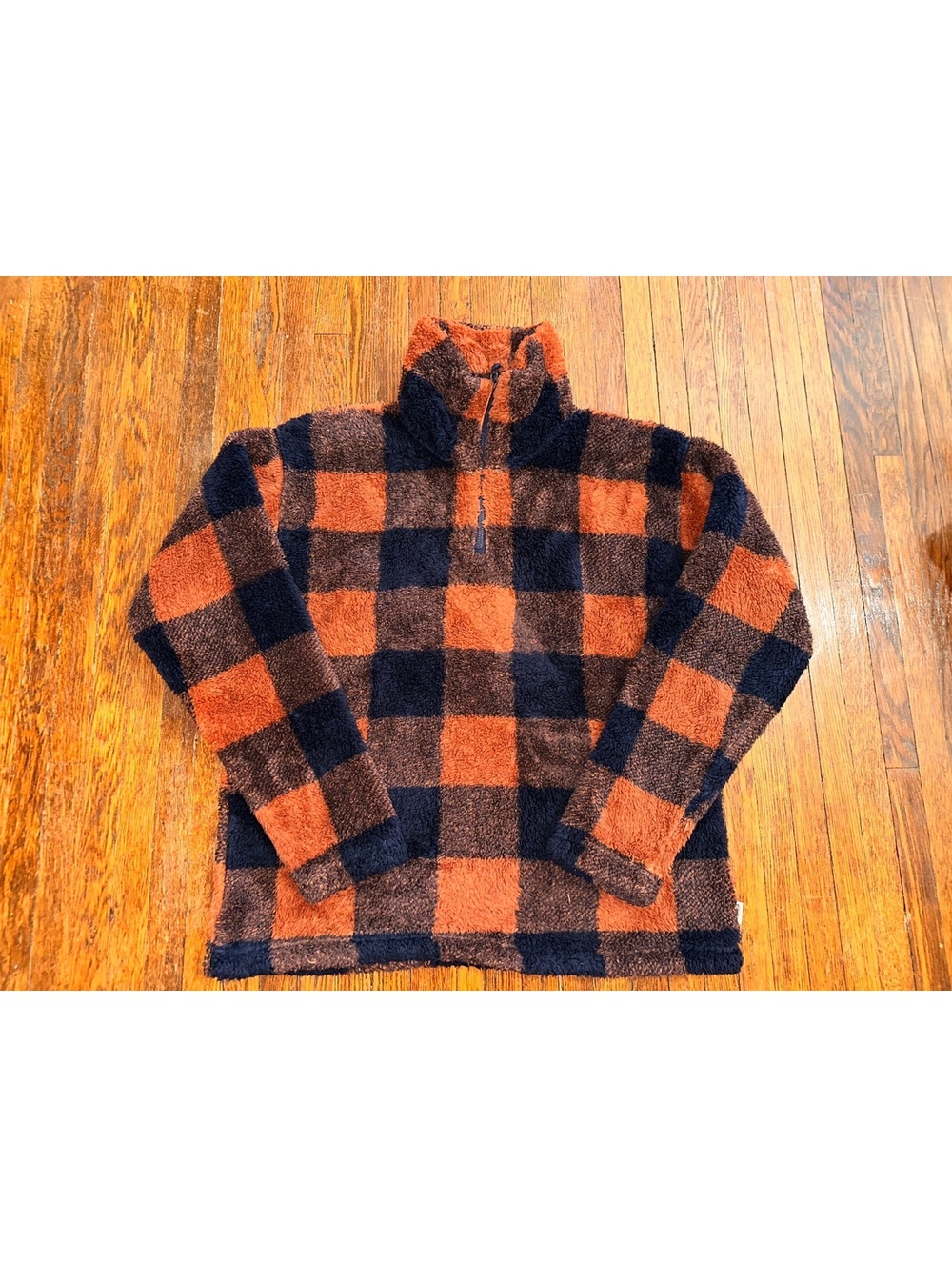 Eddie Bauer Women’s Medium Sherpa Teddy Fall Jacket Orange Plaid Quarter Zip